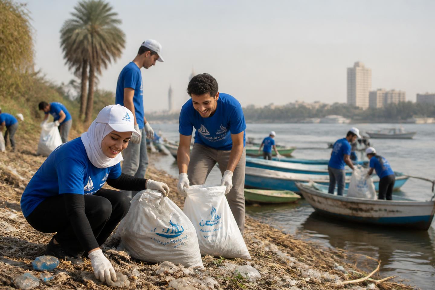 Volunteers collecting plastic waste from a Nile riverbank