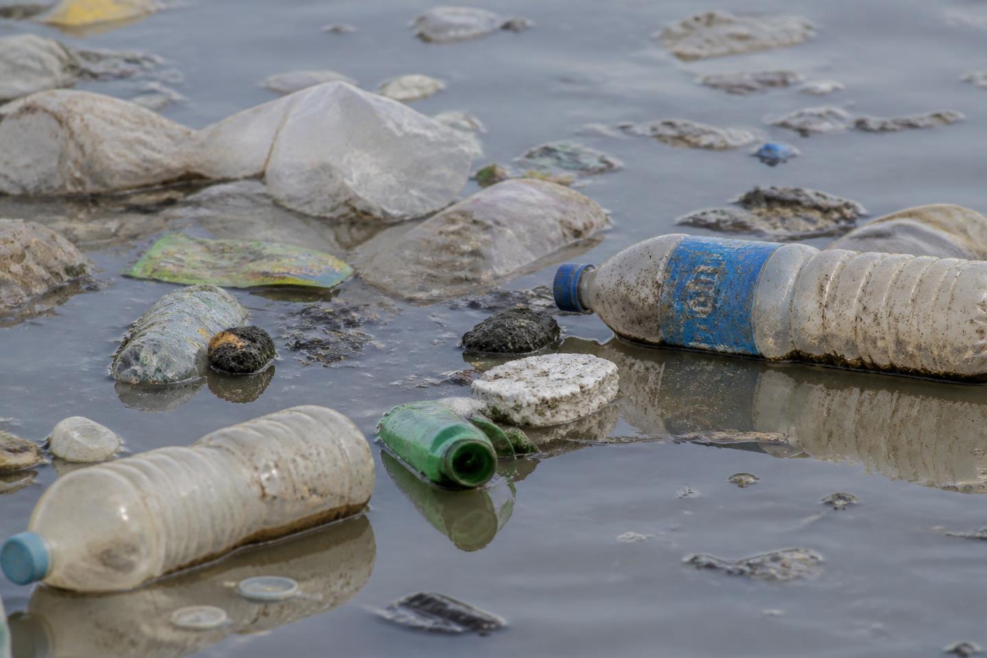Plastic waste floating on the surface of the river